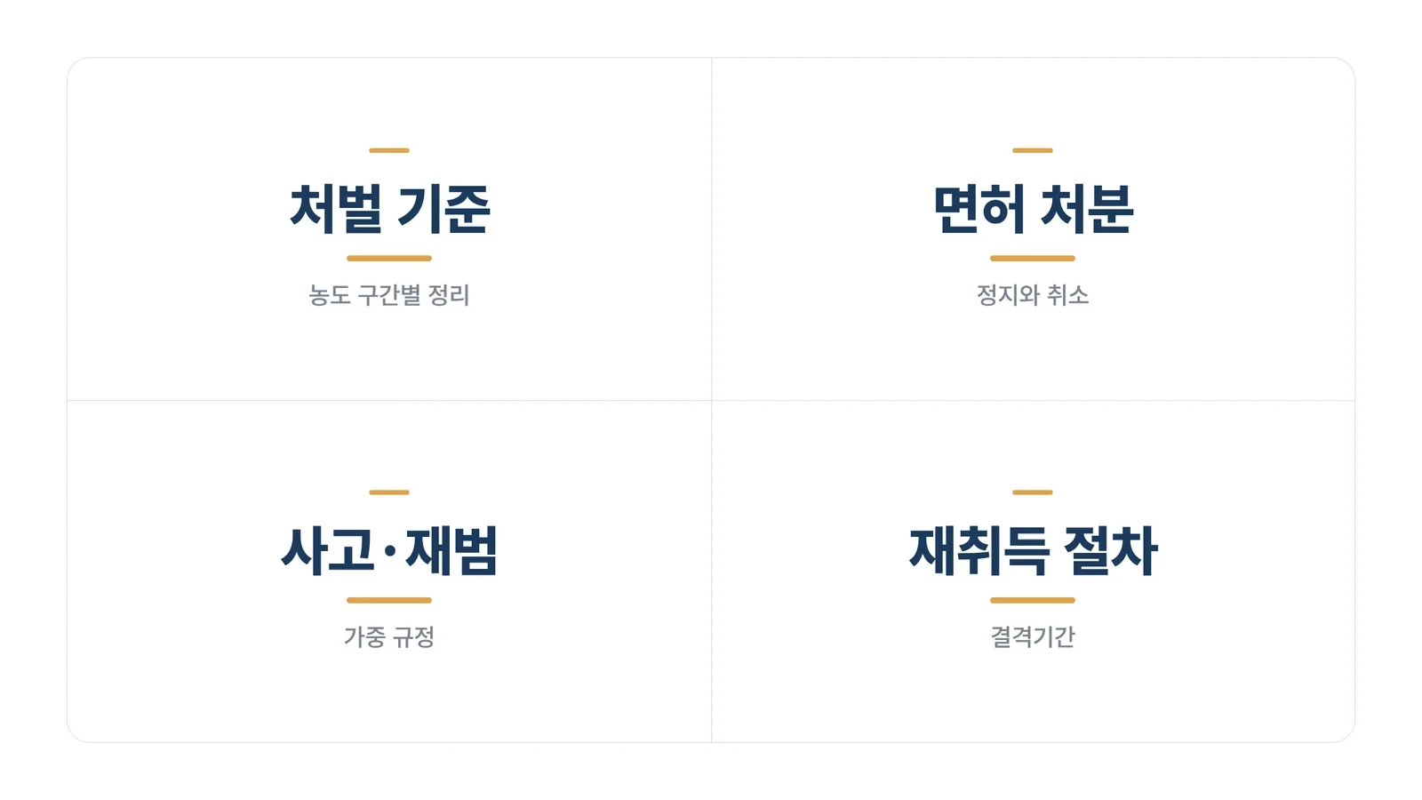 처벌 기준·면허 처분·사고 재범·재취득 절차 네 분야 안내 타일 그래픽